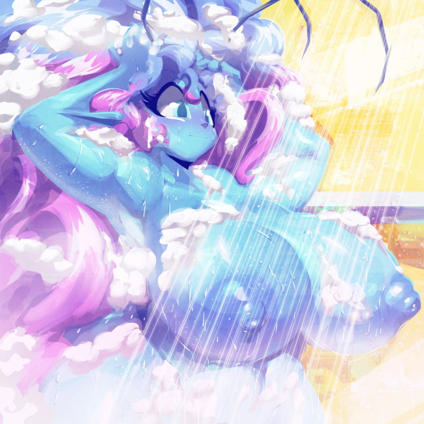 1girls alien alien_girl antennae blue_eyes blue_skin breasts hi_res huge_breasts mirabelle nipples nude original original_character pointy_ears riendonut shower soap soap_bubbles solo very_long_hair