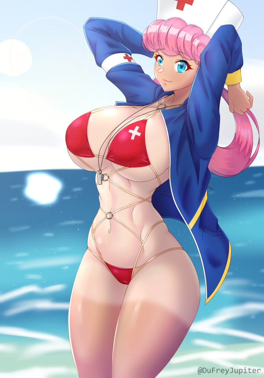 1girls alternate_breast_size big_breasts bikini blue_eyes breasts dufreyjupiter eye_contact female large_breasts looking_at_viewer nintendo nurse_cap nurse_joy pink_hair pokemon pokemon_(anime) solo standing tan_skin tanline thick_thighs thighs