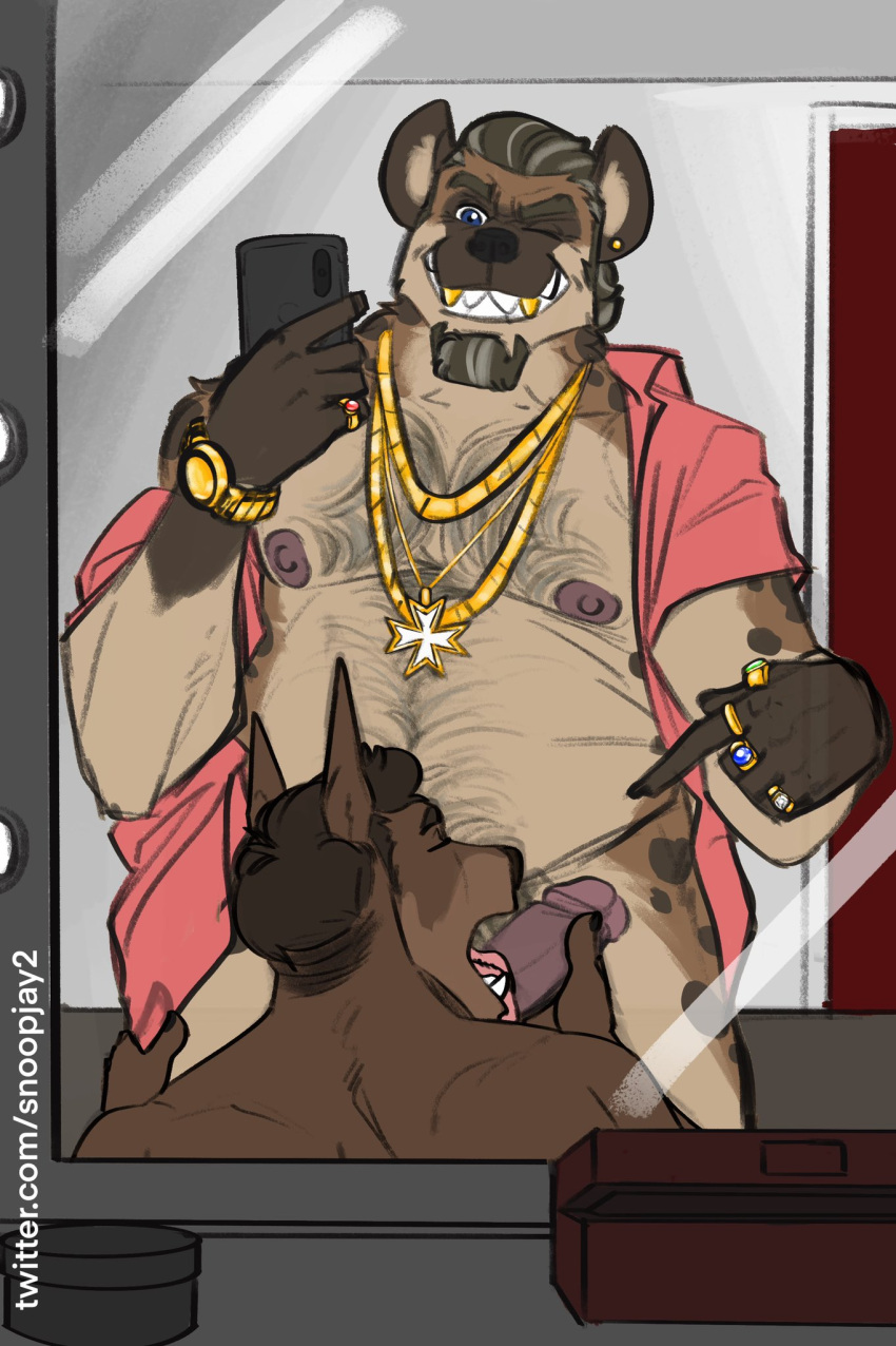 anthro body_hair bottomless brown_body brown_fur canid canine canis chest_hair clock clothed clothing desmond_sutherland dobermann domestic_dog duo erection facial_hair fur genitals goatee gold_(metal) gold_jewelry gold_tooth hair hi_res hyaenid jewelry licking male male/male male_only mammal mature_anthro mature_male mirror mirror_selfie necklace nipples one_eye_closed open_clothing open_topwear oral overweight penile penis penis_lick phone pinscher pubes ring selfie sex slightly_chubby snoopjay2 spotted_hyena tongue tongue_out topwear watch wink wristwatch