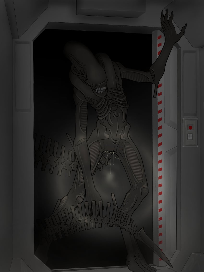 1cuntboy 3:4 absurd_res airlock alien alien_(franchise) andromorph black_body bodily_fluids cuntboy detailed_background digital_media_(artwork) genital_fluids genitals hi_res inside intersex leaning_on_wall looming pussy pussy_juice shaded smile solo xenomorph xenopera xenophilia