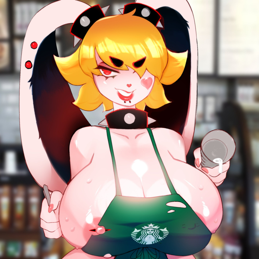 anthro big_breasts breasts busty female female_focus female_only hourglass_figure huge_breasts iced_latte_with_breast_milk meme msmoroxide solo tagme waitress waitress_uniform wide_hips