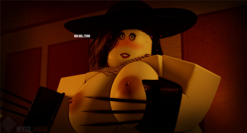 1girls 3d alcina_dimitrescu areolae big_breasts black_hair black_hat blender blush capcom crow dialogue flushed heyits_aaron horney_milf huge_breasts looking_at_viewer makeup milf necklace pinup resident_evil resident_evil_8:_village roblox robloxian solo solo_female tagme vampire yellow_eyes yellow_skin