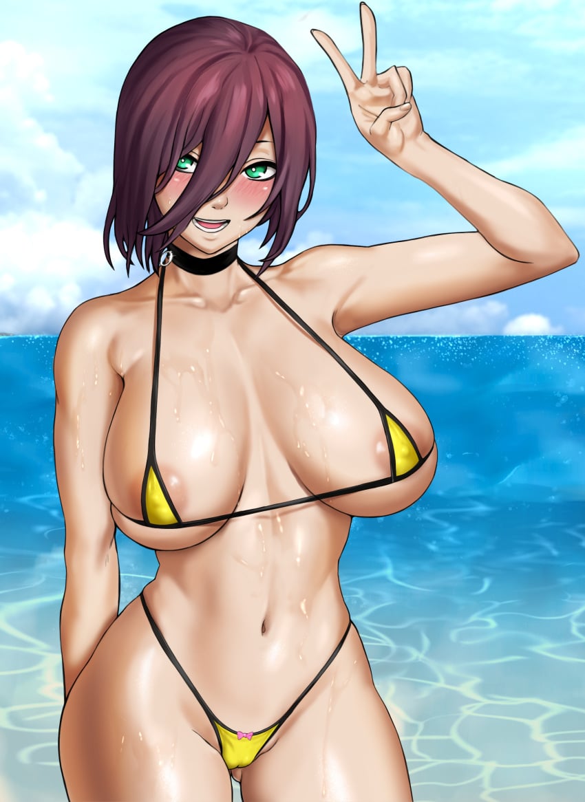 1girls 79310no areolae beach big_breasts bikini black_hair blush breasts chainsaw_man choker colored eye_contact female female_only green_hair kaf3art large_breasts looking_at_viewer micro_bikini nipple_bulge peace_sign revealing_clothes reze_(chainsaw_man) skimpy_clothes solo standing thick_thighs thighs