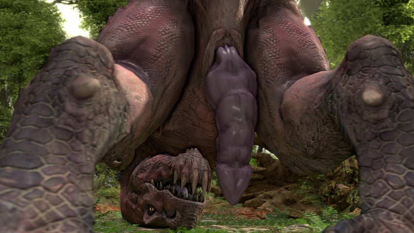 16:9 3d_(artwork) 4k absurd_res anjanath barlu brute_wyvern capcom claws digital_media_(artwork) dinosaur erection feral genitals hi_res looking_at_viewer looking_down male monster_hunter penis plant presenting pupils reptile scales scalie slit slit_pupils solo source_filmmaker standing teeth tongue tree video_games widescreen