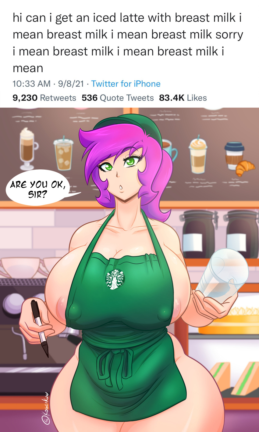 1girls apron areolae barista big_breasts breasts cap cleavage clothing english_text fast_food female female_only green_eyes hourglass_figure human hyper hyper_breasts iced_latte_with_breast_milk kogeikun light-skinned_female light_skin looking_at_viewer meme naked_apron nipple_bulge nipple_slip outerwear pen ponytail purple_hair social_media speech_bubble starbucks text thick_thighs twitter uniform waitress wendolin wide_hips