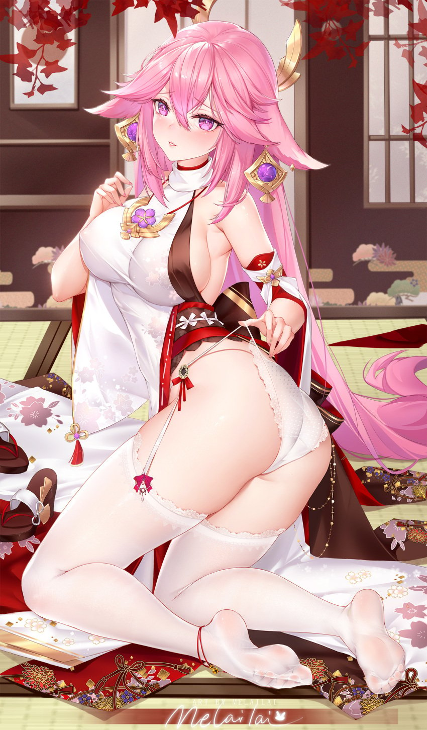 1girls animal_ears ass breasts earrings fox_ears fox_envoy fox_girl genshin_impact highres japanese_clothes large_breasts lingerie melailai panties pink_hair purple_eyes thick_ass thick_thighs thighhighs thighs yae_miko