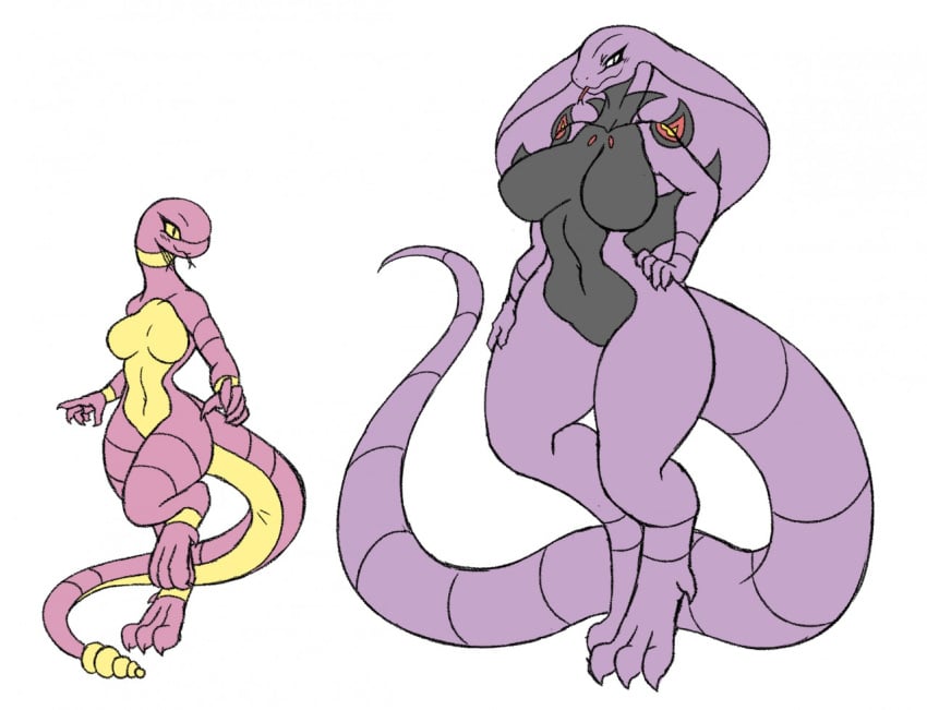 anthro arbok big_hips big_tail big_thighs breasts cobra ekans female female_only game_freak hips lizard long_tail looking_at_viewer nintendo pokémon_(species) pokemon rakkuguy reptile simple_background size_difference snake snake_girl snake_hood snake_tongue tail thick_thighs thighs