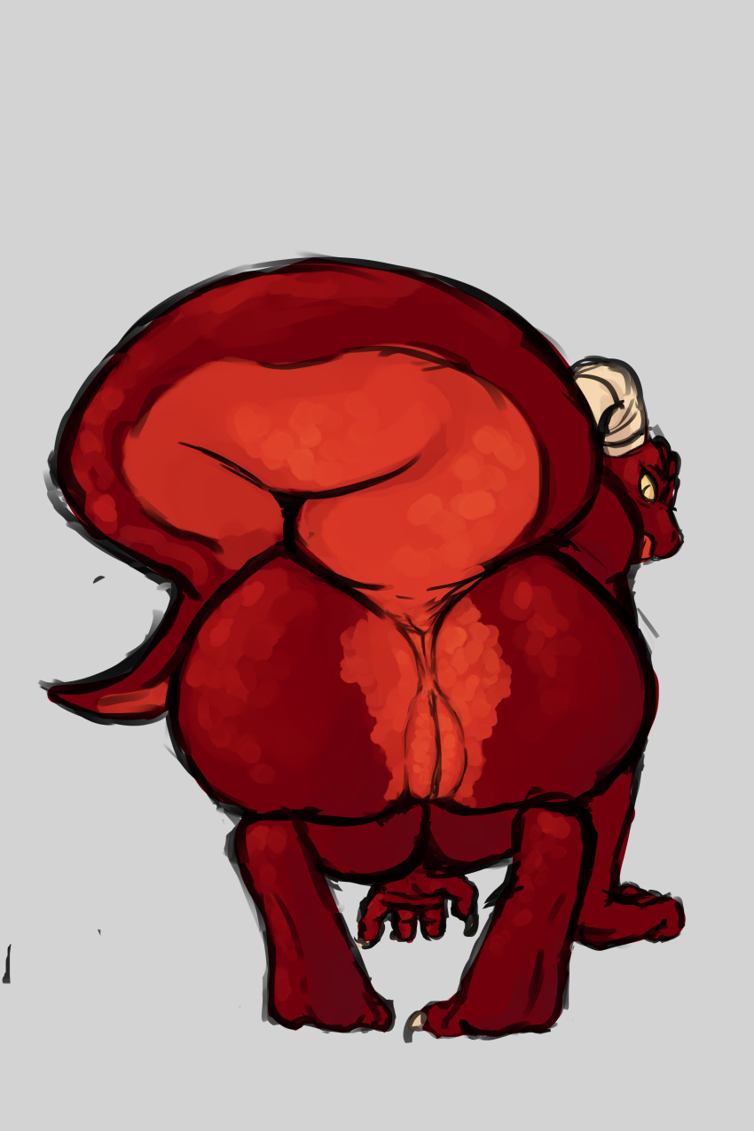 2:3 absurd_res anthro anus ass bent_over crouching female genitals grey_background hi_res horn katye_(bigfatwitchhat) kobold looking_at_viewer looking_back nivyin nude pupils pussy rear_view red_body red_scales scales scalie simple_background slit_pupils solo tongue tongue_out