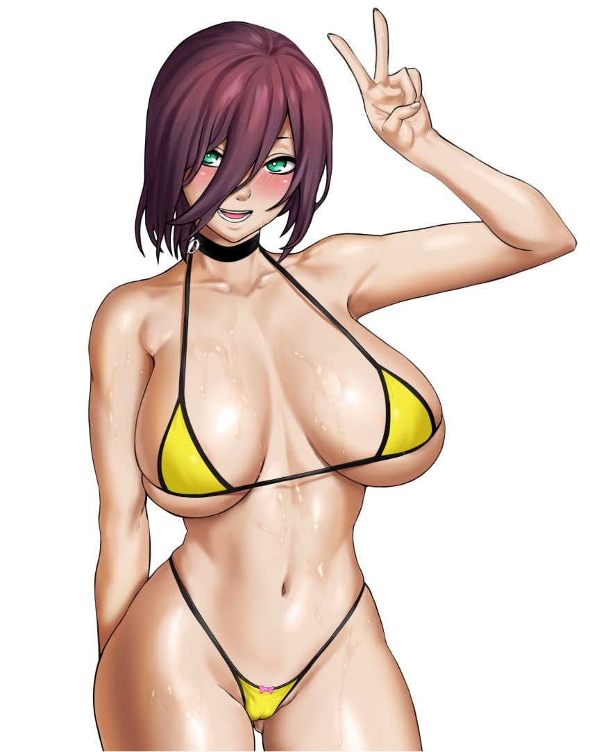 1girls 79310no beach big_breasts bikini black_hair blush breasts chainsaw_man choker cleavage colored eye_contact female female_only green_hair kaf3art large_breasts looking_at_viewer micro_bikini peace_sign revealing_clothes reze_(chainsaw_man) skimpy_clothes solo standing thick_thighs thighs