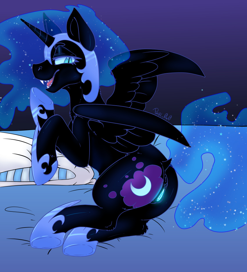 absurd_res alicorn anus armor ass bedding bedding_background clothed clothing digital_media_(artwork) equid equine female feral friendship_is_magic genitals glowing glowing_genitalia glowing_pussy hasbro hi_res horn horse looking_at_viewer mammal my_little_pony nightmare_moon_(mlp) partially_clothed paul_0w0 pony princess_luna_(mlp) pussy sharp_teeth solo solo_focus teeth teeth_showing wings