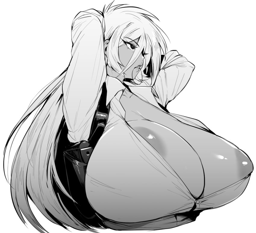 1girls 2021 arms_behind_head barely_visible_nipples big_areola big_breasts boob_window breasts curvaceous female getter_robo greyscale human jin_hayato long_hair monochrome puffy_nipples rule_63 t-shirt tagme thirty_8ght unbuttoned unbuttoned_shirt white_background