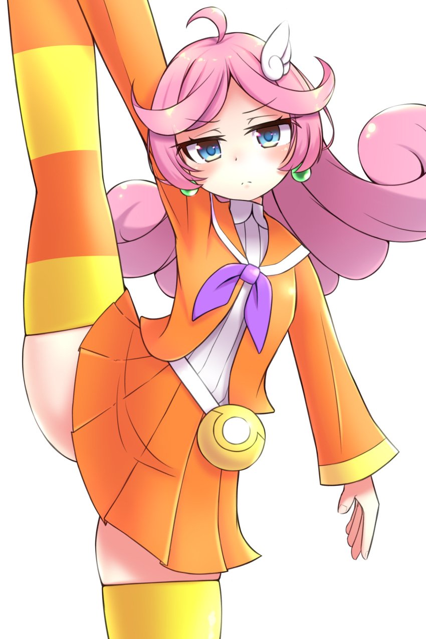 blue_eyes earrings female female_only green_earrings jacket leg_hold_pose orange_clothes orange_clothing pink_hair pouch puyo_puyo puyo_puyo_fever raffina_(puyo_puyo) sega skirt thighhighs thighs