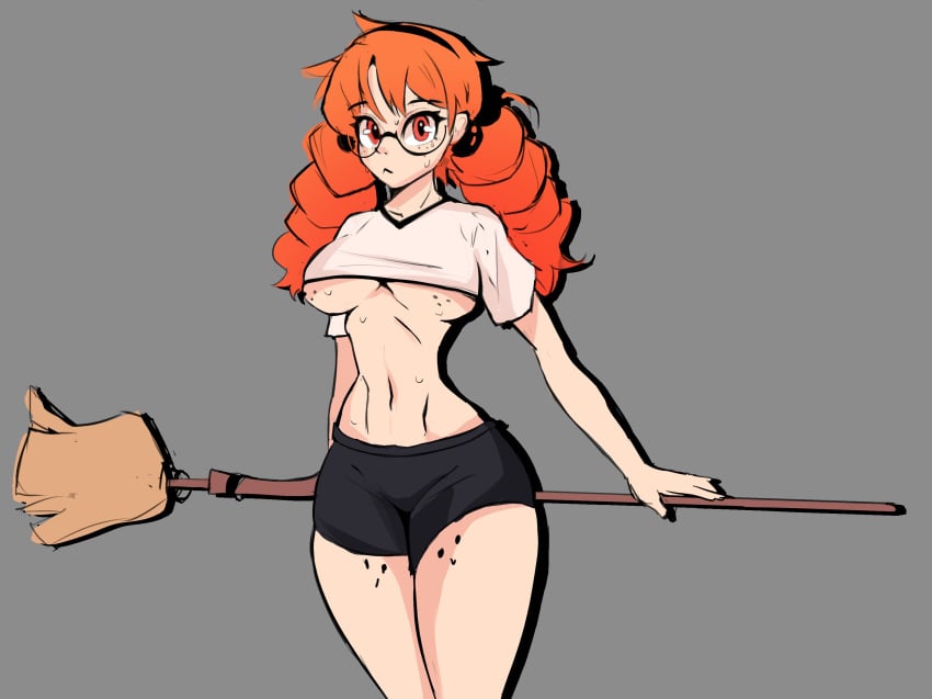 aidancore breasts broom crop_top freckles glasses hamjam headband looking_at_viewer orange_hair original_character patti_abigail shirt_up short_shorts shorts sweat twintails underboob