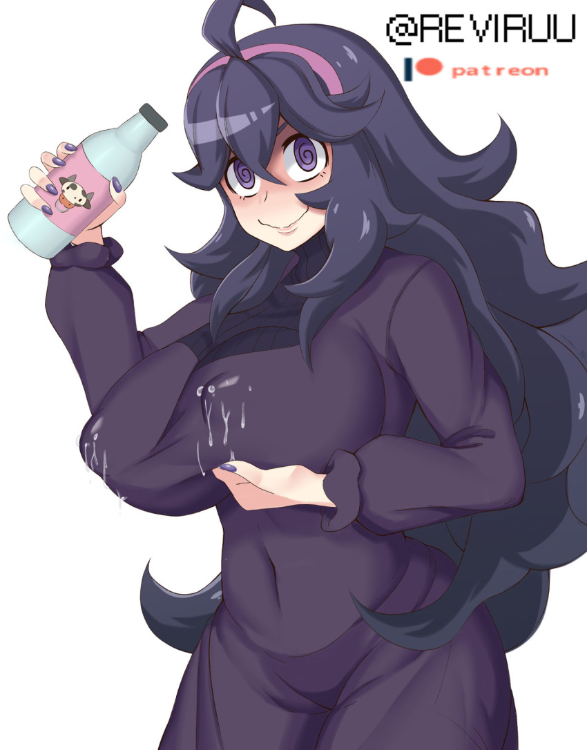 breasts clothed_female dress female hairband hand_on_breast hex_maniac lactation looking_at_viewer milk nipples pokemon pokemon_xy purple_eyes purple_hair purple_hairband reviruu thighs