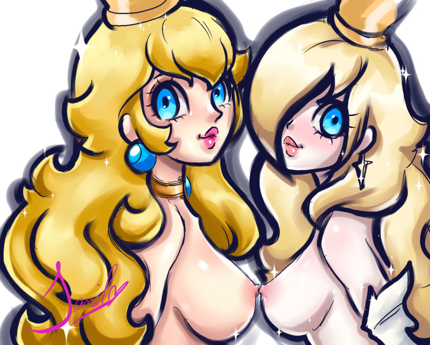 breasts digital_drawing_(artwork) digital_media_(artwork) drawing fanart illustration jamilsc11 mario_(series) nintendo princess_peach princess_rosalina white_background