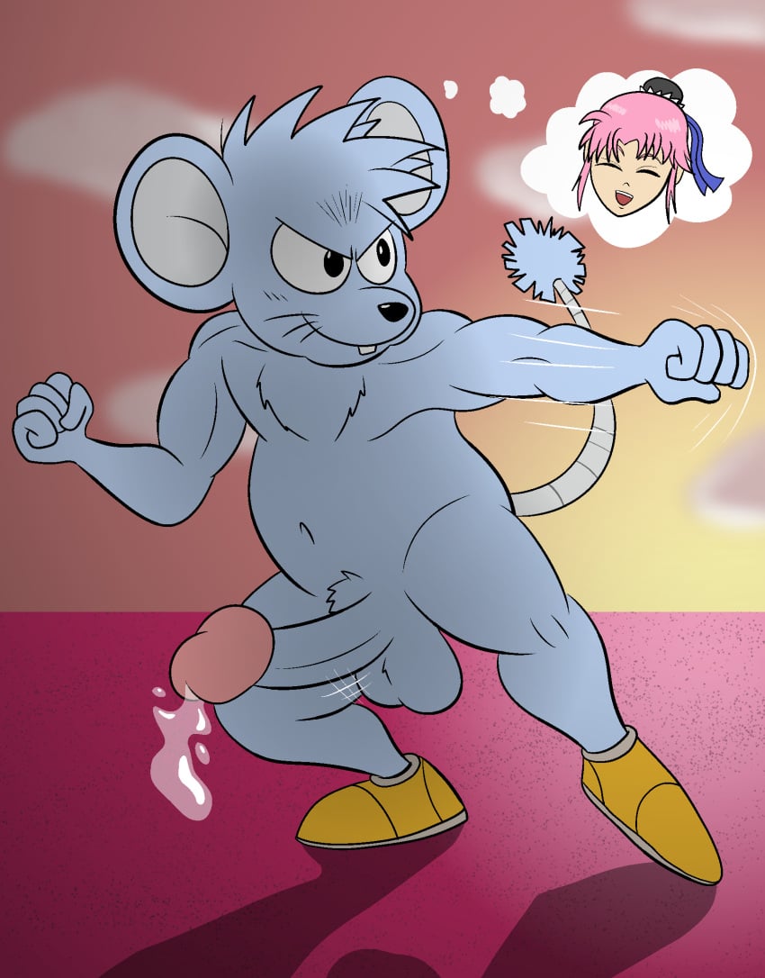 anthro balls bodily_fluids bouncing_penis chiu chubby_male cum darkajugin digital_media_(artwork) dragon_quest dragon_quest_dai_no_daibouken erection female fighting_pose footwear footwear_only fur genital_fluids genitals grey_body grey_fur hair hi_res human ma'am maam male mammal mostly_nude murid murine penis pink_hair pose precum punch rat rodent shaded shoes shoes_only solo square_enix thought_bubble training video_games