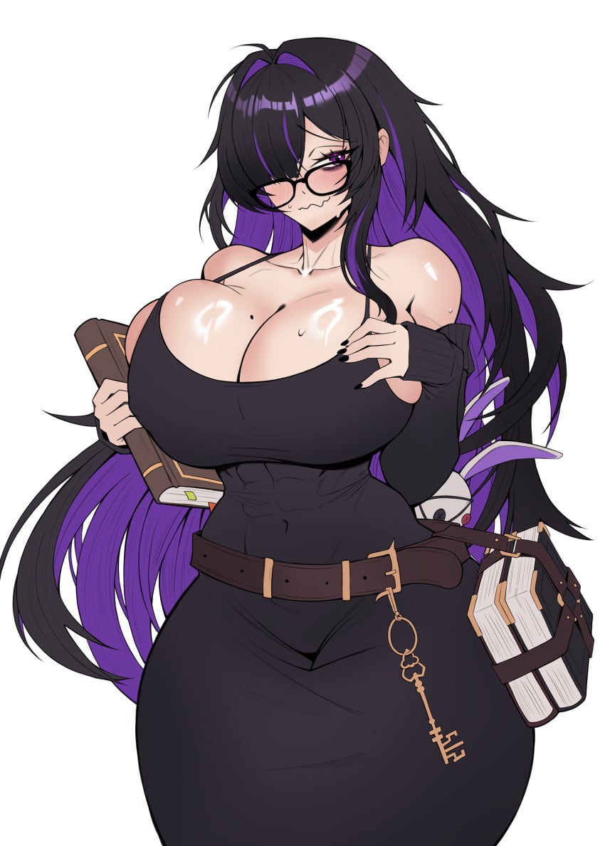 1girls abs absurd_res big_boobs big_breasts big_thighs black_dress blush blush_lines blushing breasts_bigger_than_head curvy curvy_body curvy_female curvy_figure dress glasses goddess_of_victory:_nikke highres huge_boobs huge_breasts huge_thighs label_(nikke) long_hair looking_at_viewer purple_eyes purple_hair simple_background solo solo_female solo_focus squigglesfc thick_thighs voluptuous voluptuous_body voluptuous_female white_background