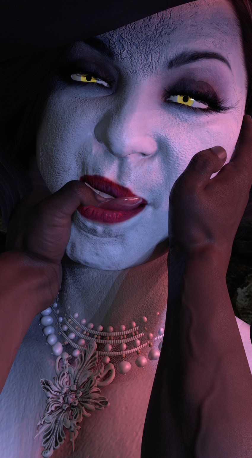 3d 3d_(artwork) alcina_dimitrescu blender dark-skinned_male dark_skin finger_in_mouth finger_sucking giantess interracial larger_female pov pov_eye_contact resident_evil resident_evil_8:_village thankful_(artist) vampire yellow_eyes