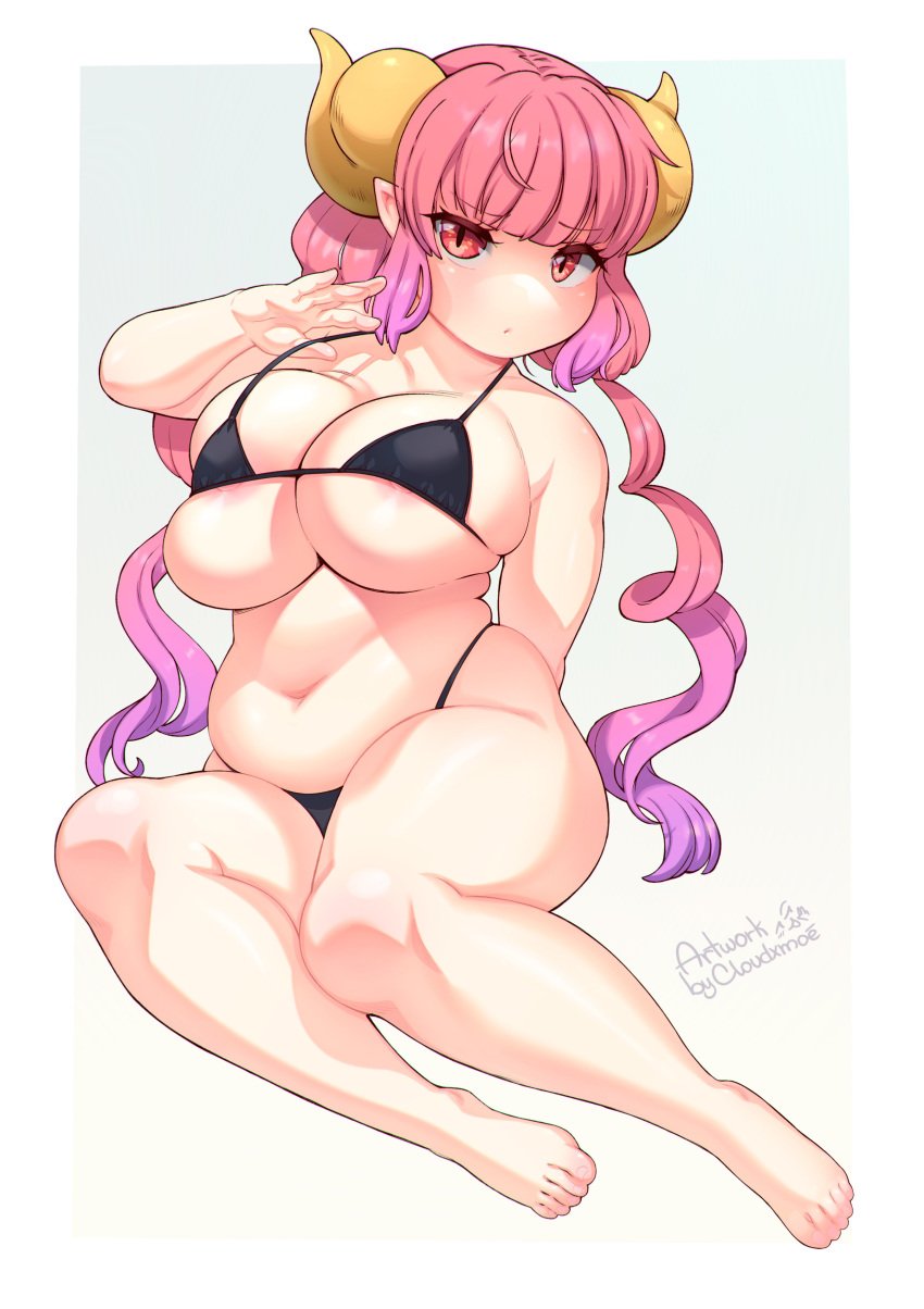 1girls artist_name barefoot big_breasts bikini blush blushing breasts chubby cloudxmoe dragon_girl dragon_horns eyebrows eyebrows_visible_through_hair female female_only hands_behind_back horns humanoid ilulu_(dragon_maid) light-skinned_female light_skin looking_at_viewer micro_bikini miss_kobayashi's_dragon_maid navel nipple_slip nipples pink_hair purple_hair red_eyes slightly_chubby thick_eyelashes thick_thighs thighs tight_clothing twintails two_tone_hair