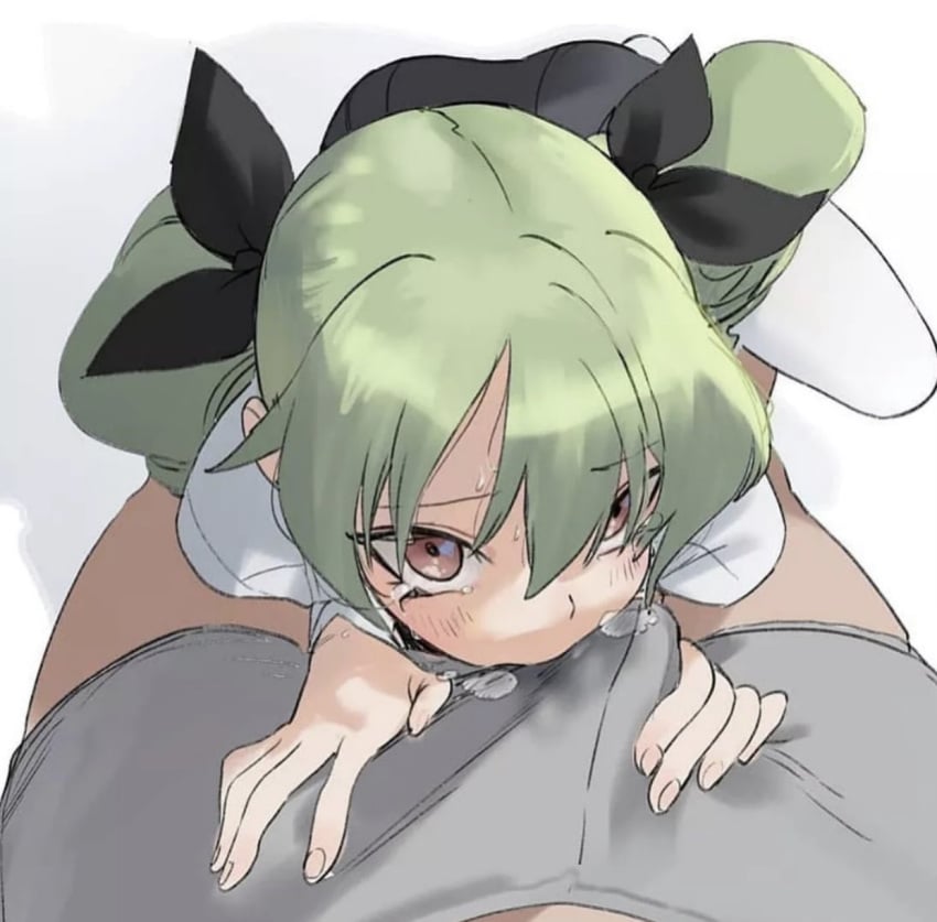 1boy 1girls anchovy bulge cum cum_bubble cum_in_mouth cum_on_penis cum_through_clothes dorontabi erection_under_clothes eye_contact fellatio fellatio_through_clothes fellatio_through_underwear fellatio_with_bulge femsub girls_und_panzer green_hair gripping_cock hair_ribbon male male_pov on_knees pov precum precum_bubble precum_drip precum_through_clothing tearing_up teasing_penis teasing_viewer through_clothes twintails weepy