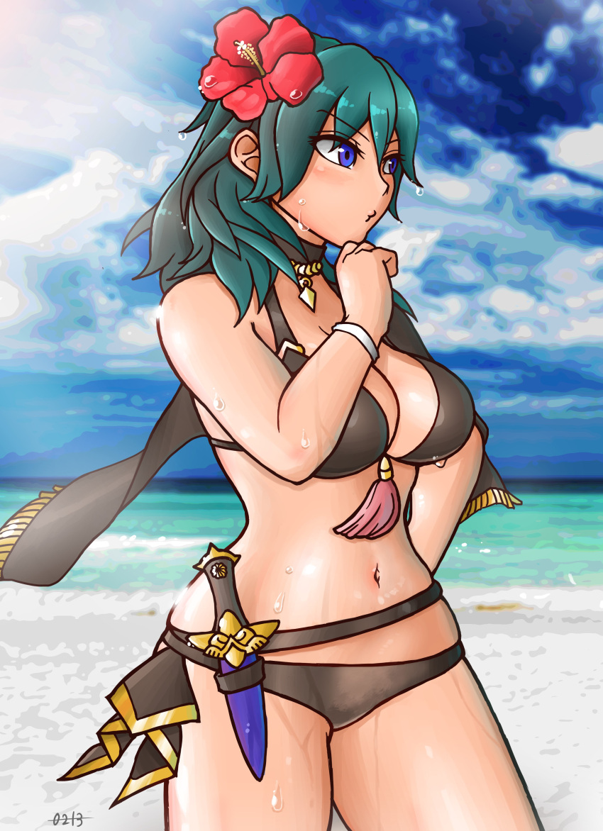 0213 1girls alternate_costume bikini black_bikini black_swimsuit blue_eyes breasts byleth_(fire_emblem) byleth_(fire_emblem)_(female) byleth_(summer)_(fire_emblem)_(female) dagger female female_only fire_emblem fire_emblem:_three_houses fire_emblem_heroes flower hair_flower knife light-skinned_female light_skin medium_hair nintendo ocean official_alternate_costume oniisan02b outdoors outside sand solo solo_female swimsuit teal_hair water wet