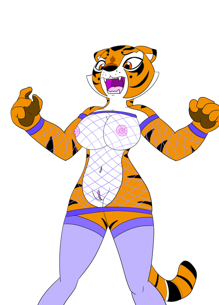 2020 4_fingers anthro areola big_breasts black_body black_fur breasts clitoris clothed clothing digital_drawing_(artwork) digital_media_(artwork) dreamworks fangs felid feline felis female fingers fishnet fishnet_clothing fishnet_shirt fishnet_topwear fur genitals hi_res huge_breasts humanoid_genitalia humanoid_pussy kung_fu_panda legwear looking_at_self looking_down mammal markings markings_(fur) master_tigress navel nipples no_underwear open_mouth orange_body orange_fur pantherine portrait principericardo purple_clothing pussy red_eyes simple_background skimpy solo striped_body striped_fur striped_tail stripes surprised_expression teeth thick_thighs thigh_highs three-quarter_portrait tiger tongue uncensored white_background white_body white_fur