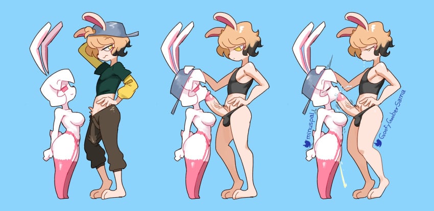 1boy 1girls 2021 3koma absurd_res animal_ears anthro armpits arms_behind_back artist_name ass backwards_baseball_cap ball_bulge bare_arms bare_legs bare_shoulders baseball_cap big_ass big_penis black_hair blue_background breasts briefs brown_fur brown_hair bulge bunny_ears bunny_girl bunny_tail closed_eyes clothed clothed_male_nude_female clothing cum cum_drip cum_in_mouth cum_inside cumshot drooling ejaculation erection erection_under_clothes eyebrows_visible_through_hair feet fellatio female full_body fur glans glansjob half-closed_eyes hand_on_head hand_on_hip hat highres hopping_bullet lagomorph lingerie_pattern_pets looking_at_another looking_away looking_back looking_down looking_up male medium_breasts minus8 multicolored_fur multicolored_hair multiple_views nipples no_areola no_humans nude open_mouth oral original pants paws peeing penis pink_fur pubic_hair richard_(goofygoobersama) saliva saliva_drip scratching_head seductive shirt short_hair side_view signature simple_background smaller_female smile snout sweat tail tank_top tears testicles thighs twitter_username two_tone_fur two_tone_hair urine vein veiny_penis watermark wavy_mouth white_fur white_hair wide_hips yellow_eyes