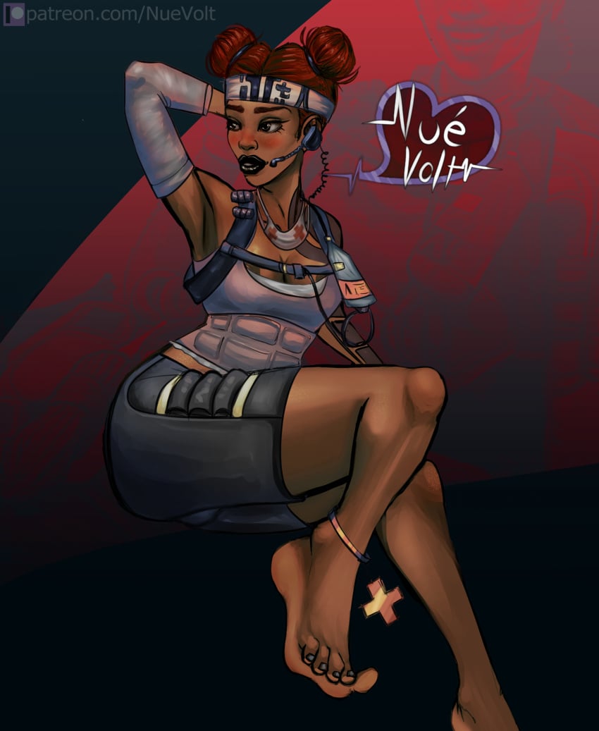 ankle_bracelets anklet apex_legends armband backpack black_lipstick blush body_armor brown_eyes clothed clothing dark-skinned_female dark_skin doctor feet full_lips hair_buns headband headset headwear iv_bag jewelry lifeline_(apex_legends) lips lipstick mask medic nue_volt nurse painted_nails painted_toenails radio red_hair shorts toes