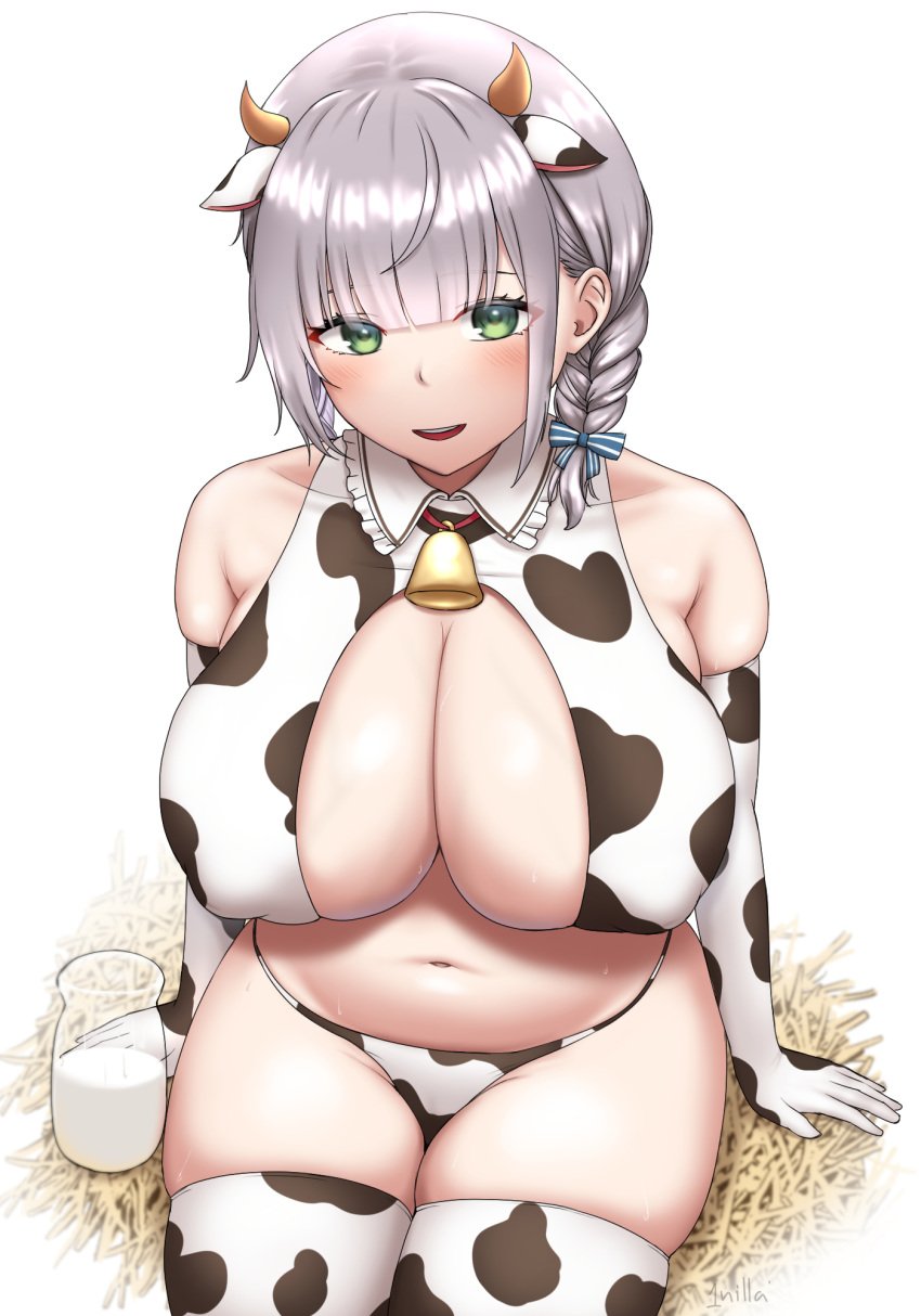 1girls 1nilla' animal_ears animal_print arm_support bangs bell belly_fat bikini blush bottle braid breasts chubby_female cleavage collar collarbone cow_bikini cow_ears cow_girl cow_horns cow_print elbow_gloves eyebrows_visible_through_hair female female_focus female_only gloves green_eyes hair_between_eyes highres hololive hololive_fantasy hololive_japan horns huge_breasts large_breasts long_hair looking_at_viewer loosen_belly milk_bottle navel neck_bell open_mouth plus_size print_gloves shirogane_noel side_ponytail silver_hair sitting smile solo solo_female solo_focus stomach swimsuit thighhighs virtual_youtuber