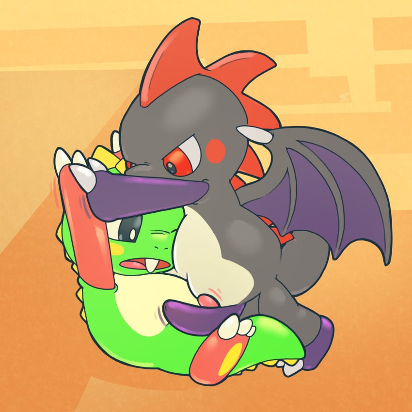 1:1 absurd_res anthro argon_vile black_body blush bub bub_(bubble_bobble) bubble_bobble bubble_dragon claws develon_(bubble_bobble) digital_media_(artwork) dragon duo erection frottage genitals green_body hi_res male male/male nude open_mouth penis red_eyes reptile scalie sex simple_background taito tongue video_games wings