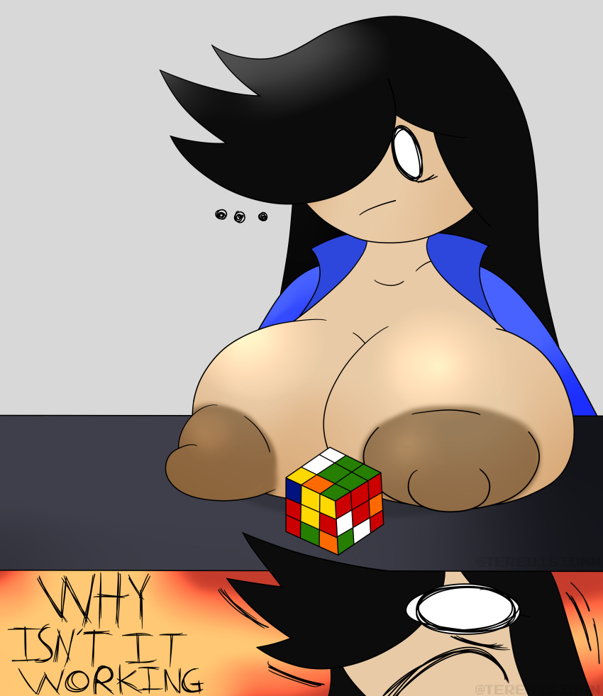 1girls areolae black_hair breast breasts_out english_text female female_focus female_only hair_over_one_eye large_breasts nipples resting_breasts rubik's_cube shocked shocked_expression shocked_eyes susan_(terebision) terebision text