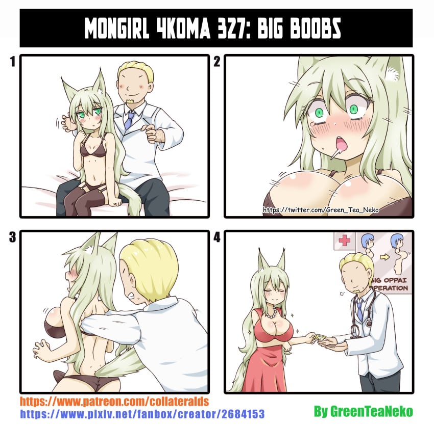 1boy 1futa 4koma absurd_res animal_humanoid arm_under_breasts ass big_breasts black_bottomwear black_bra black_clothing black_legwear black_panties black_pants black_stockings black_underwear blonde_hair blue_hair blue_necktie blush bodily_fluids bottomwear bra breast_expansion breasts cat_humanoid cleavage clothed clothing coat comedy comic credit_card dress duo english_text erection erection_under_clothes erection_under_clothing eyeless facial_hair felid felid_humanoid feline feline_humanoid fully_clothed funny futanari garter_belt garter_straps goatee green_eyes green_hair greenteaneko gynomorph gynomorph/male hair hi_res huge_breasts human humanoid humor inner_ear_fluff intersex intersex/male lab_coat legwear light-skinned_futanari light_body light_skin male mammal mammal_humanoid medical_instrument meme mongirl_4koma mostly_nude necktie pale_skin panties pants red_clothing red_dress scientific_instrument small_breasts smile stethoscope stockings suggestive tears text toony topwear tuft underwear url