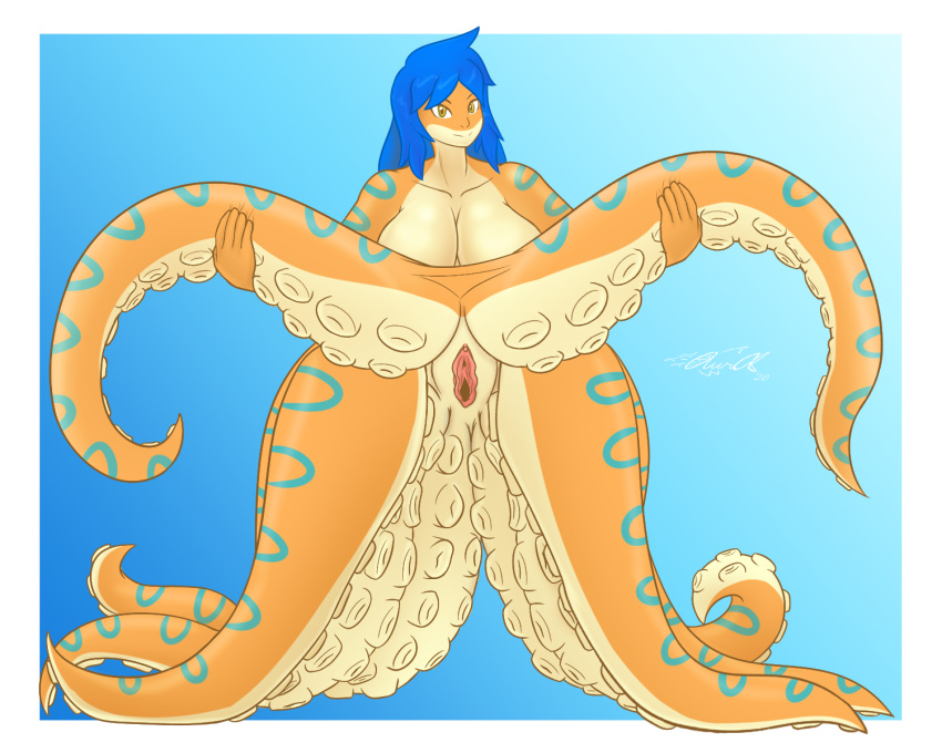 2020 5:4 alien animal_humanoid aurathecynders big_breasts blue_hair breasts cephalopod cephalopussy digital_media_(artwork) female fish genitals hair hi_res holding_tentacle humanoid marine mollusk mollusk_humanoid naki_cil_(azmiaryial) nude octopus octopus_girl octopussy orange_body pussy scylla smile solo suckers tentacle yellow_eyes