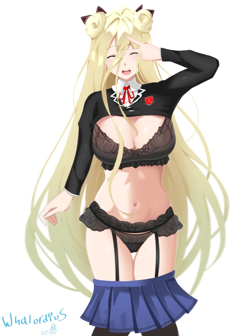 1girls 2d 2d_(artwork) belly belly_button big_breasts blonde_hair bra breasts closed_eyes date_a_live exposed_torso hoshimiya_mukuro light-skinned_female lingerie panties school_uniform schoolgirl_uniform skirt skirt_down smile socks solo solo_female thick_thighs thighs underwear whal white_background yellow_eyes