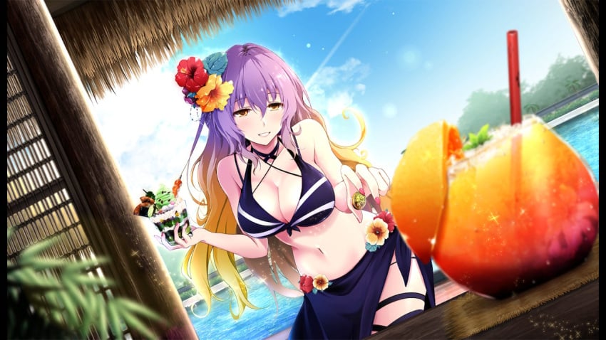 beach big_breasts breasts cleavage flower_in_hair hijiri_byakuren hut ice_cream juice light-skinned_female long_hair multicolored_hair official_art smoothie sundae swimsuit tagme touhou touhou_danmaku_kagura voluptuous voluptuous_female water