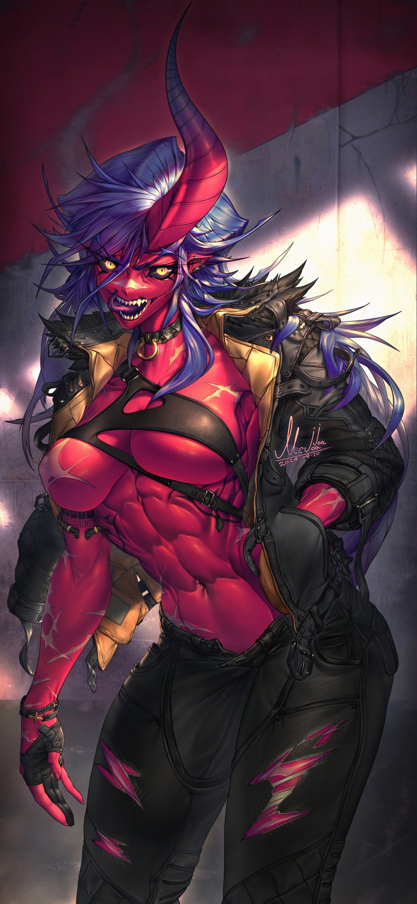 abs demon_girl female horns leather_clothing mcjoajoa muscular_female one_breast_out original scar scar_on_nipple scarred_breasts sharp_teeth