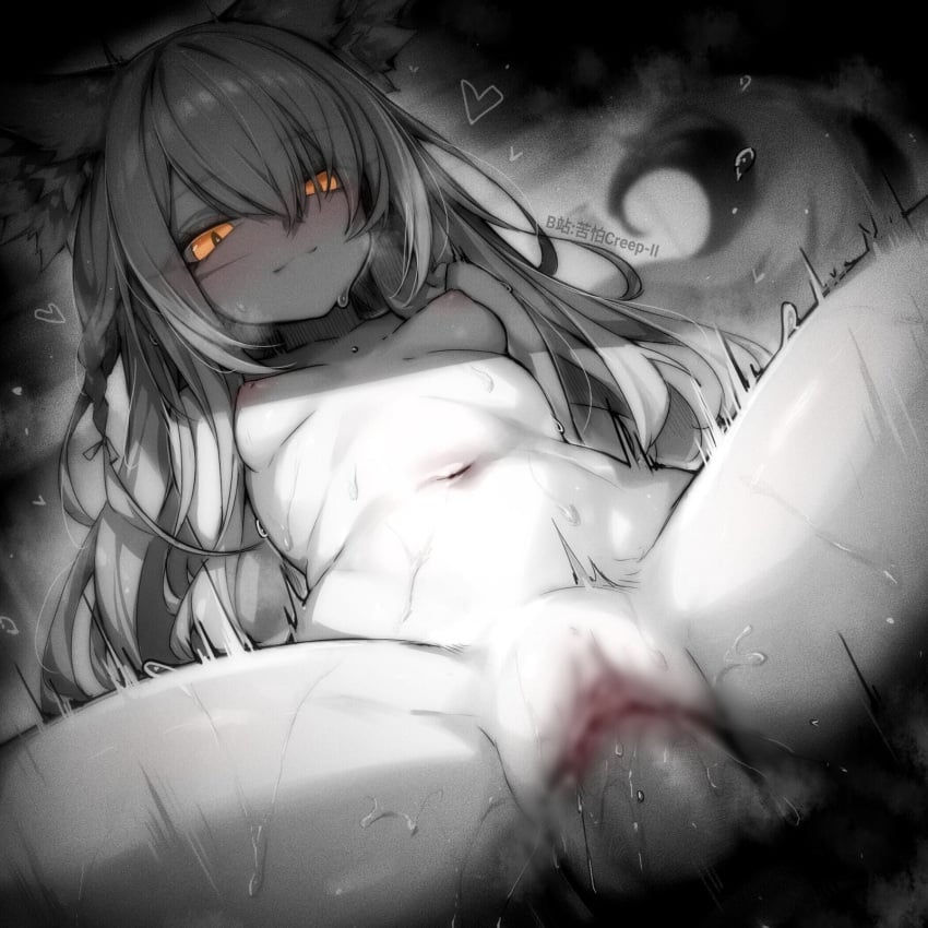 1boy :3 arknights artist_name blur_censor breasts censored closed_mouth commentary_request completely_nude cowgirl_position cowgirl_position female film_grain greyscale highres kupa_(jesterwii) long_hair looking_at_viewer medium_breasts monochrome navel nipples nude orange_eyes penis pussy sex straddling sweat vaginal_penetration vulpisfoglia_(arknights)