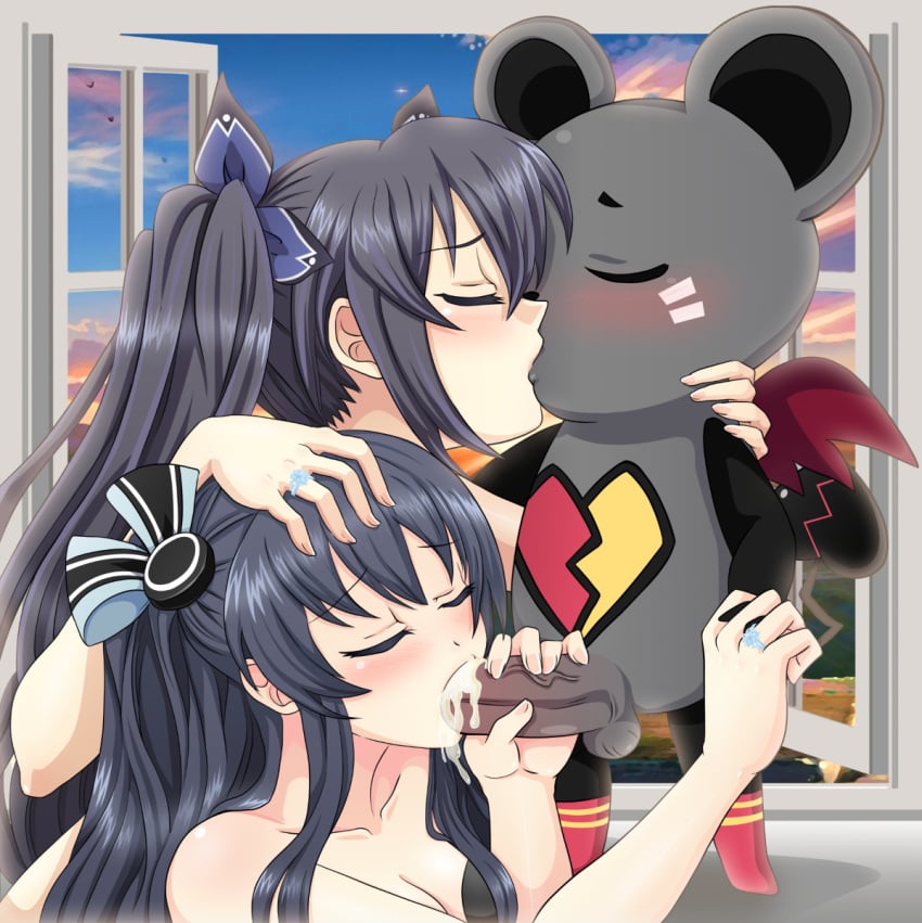 accessory anthro black_hair bodily_fluids choujigen_game_neptune cpu_(goddess) cum cum_in_mouth cum_inside deity female female_human genital_fluids genitals group group_sex hair hair_accessory hi_res human interspecies kissing leenvidia male male/female mammal noire_(neptunia) penis pirachu rodent sex size_difference threesome trio uni_(neptune_series) warechu