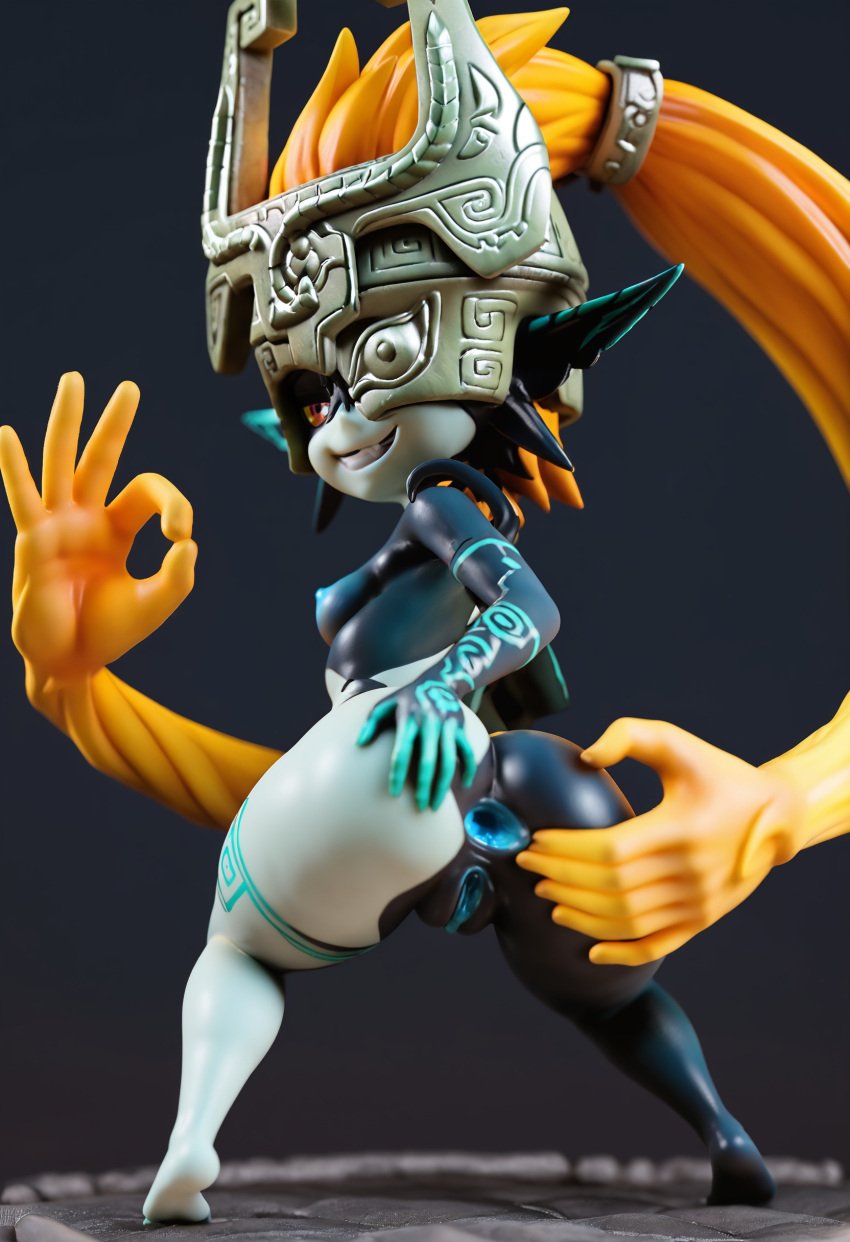 ai_generated blue_anus blue_nipples blue_pussy buurazu extremely_long_hair figure figurine grin hair_hand imp looking_at_viewer midna ok_sign prehensile_hair presenting presenting_anus shortstack spread_anus spread_ass the_legend_of_zelda