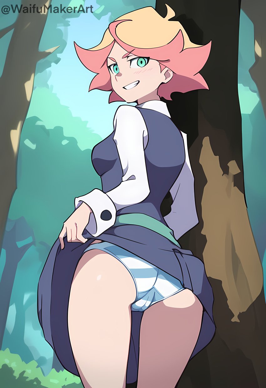 1girls ai_generated amanda_o&#039;neill ass blue_striped_panties blush cameltoe female forest hi_res high_resolution highres little_witch_academia looking_at_viewer medium_breasts skirt skirt_lift smile smirk smirking smirking_at_viewer striped_panties studio_trigger teasing waifumakerart