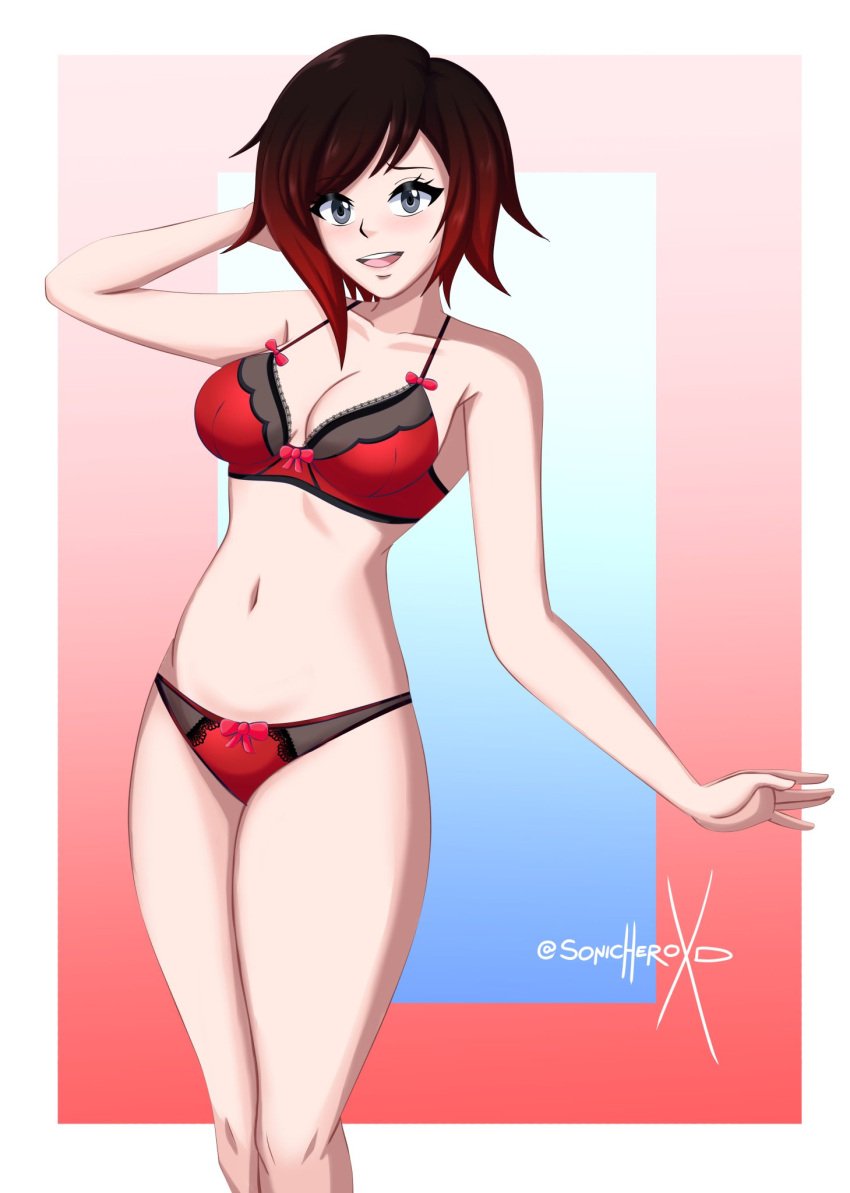 1girl bra breasts chin_length_hair cleavage dark_red_hair female female_only navel pale-skinned_female pale_skin panties red_bra red_panties ruby_rose rwby silver_eyes small_breasts sonicheroxd teenage_girl teenager thick_thighs