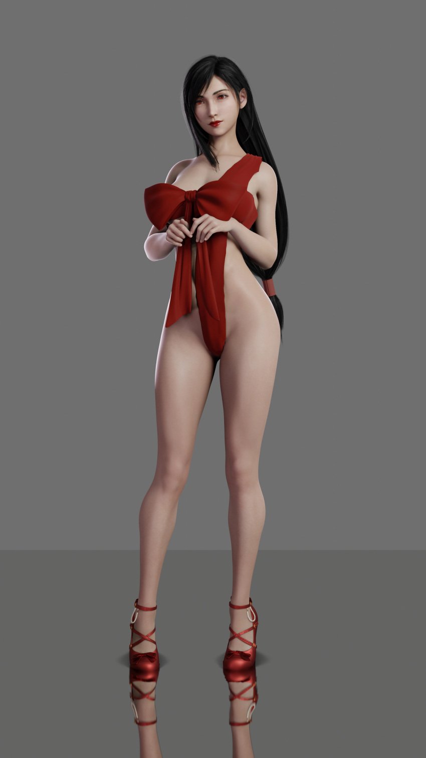 3d 3d_model black_hair final_fantasy final_fantasy_vii final_fantasy_vii_remake fit_female gift_wrapping high_heels lipstick long_hair red_eyes red_high_heels red_lips red_lipstick ribbon ribboned_body tifa_lockhart