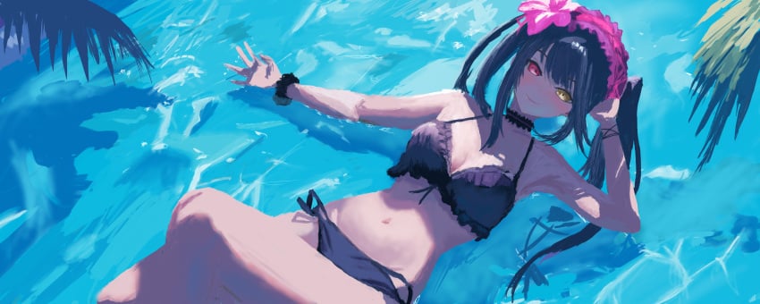 2d 2d_(artwork) belly belly_button bikini black_hair breasts date_a_live headband light-skinned_female medium_breasts pool red_eyes solo solo_female thighs tokisaki_kurumi twintails