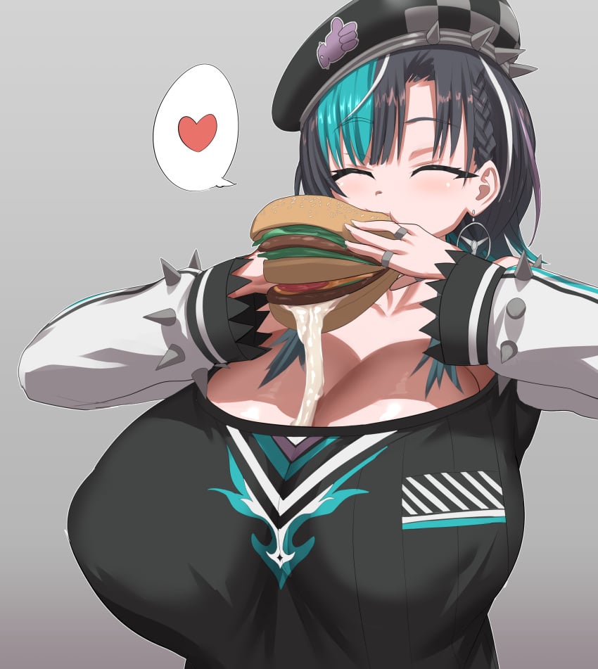 1girls big_breasts burger female flowglow hololive hololive_dev_is huge_breasts jadf rindo_chihaya solo suggestive_fluid virtual_youtuber