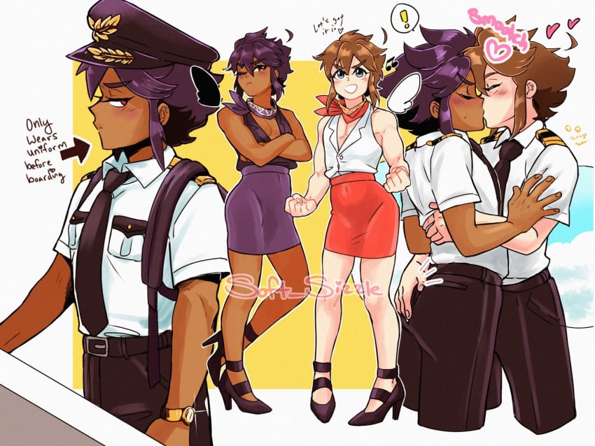 black_hair blue_eyes blush brown_hair crossdressing dark_pit femboy flight_attendant hand_on_ass hat kid_icarus kid_icarus_uprising kissing pit pit_(kid_icarus) red_eyes soft_sizzle suit suit_and_tie yaoi