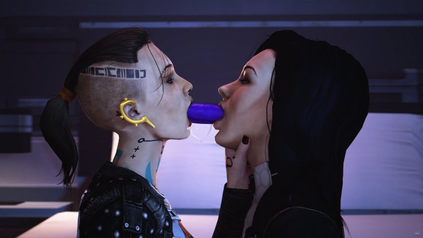 2girls 3d black_hair dildo dildo_in_mouth dildo_kiss female female_focus female_only jack_(mass_effect) kissing lesbian_kiss lipstick long_hair loose_hair makeup mass_effect miranda_lawson nail_polish ponytail saliva saliva_string saliva_trail tagme tattoo wildynsfw yuri