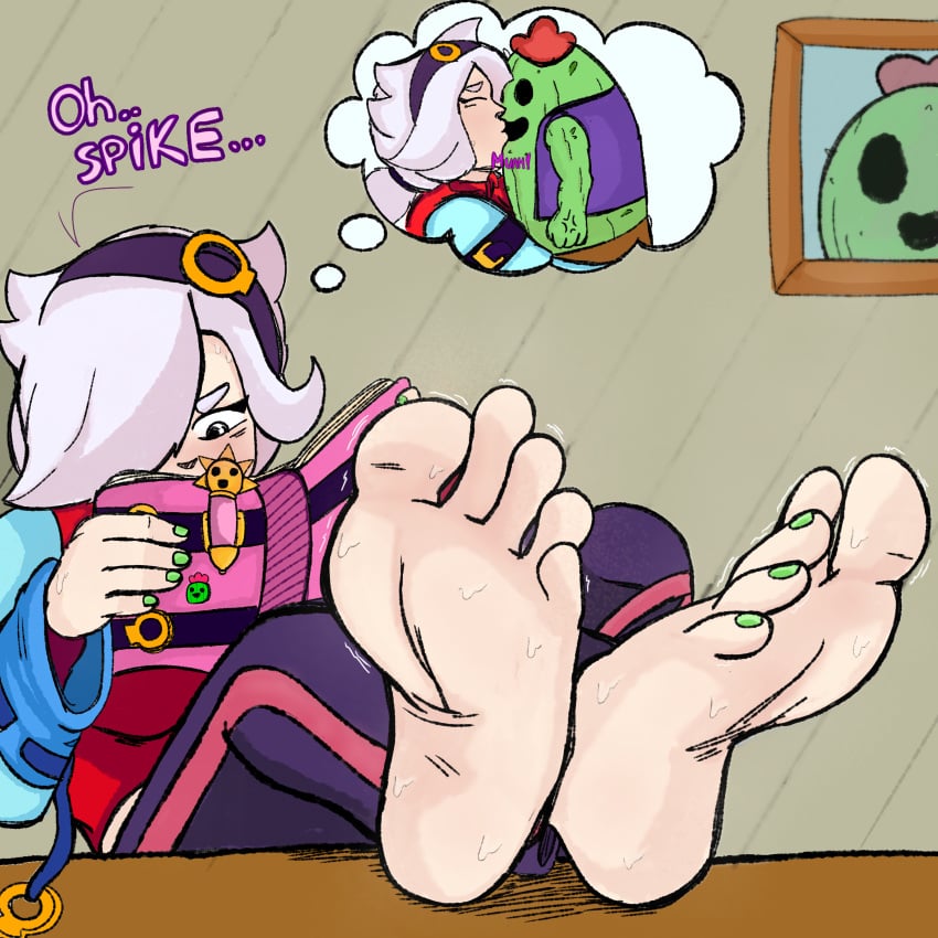 alt alternate_version_available brawl_stars colette_(brawl_stars) feet feet_fetish feet_together foot_fetish kiss_on_lips kissing reading spike_(brawl_stars) sweat sweatdrop sweaty_body tacitusart