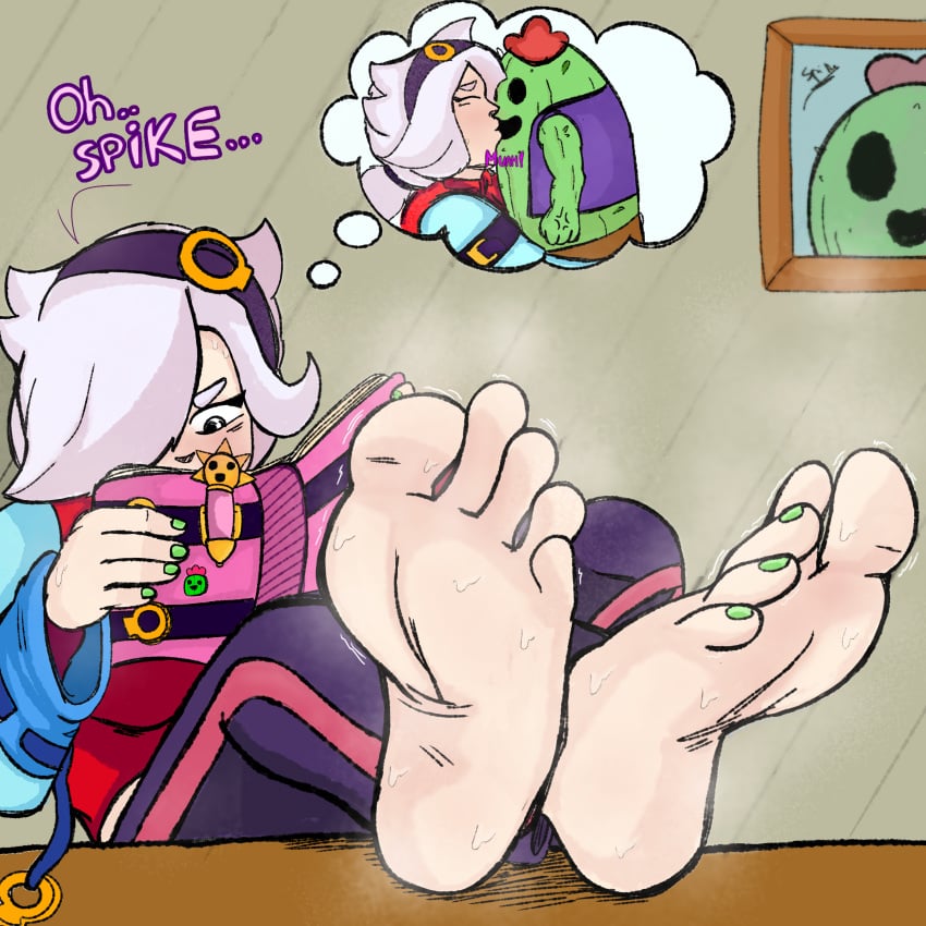 brawl_stars colette_(brawl_stars) feet feet_fetish feet_together foot_fetish kiss_on_lips kissing reading spike_(brawl_stars) sweat sweatdrop sweaty sweaty_body