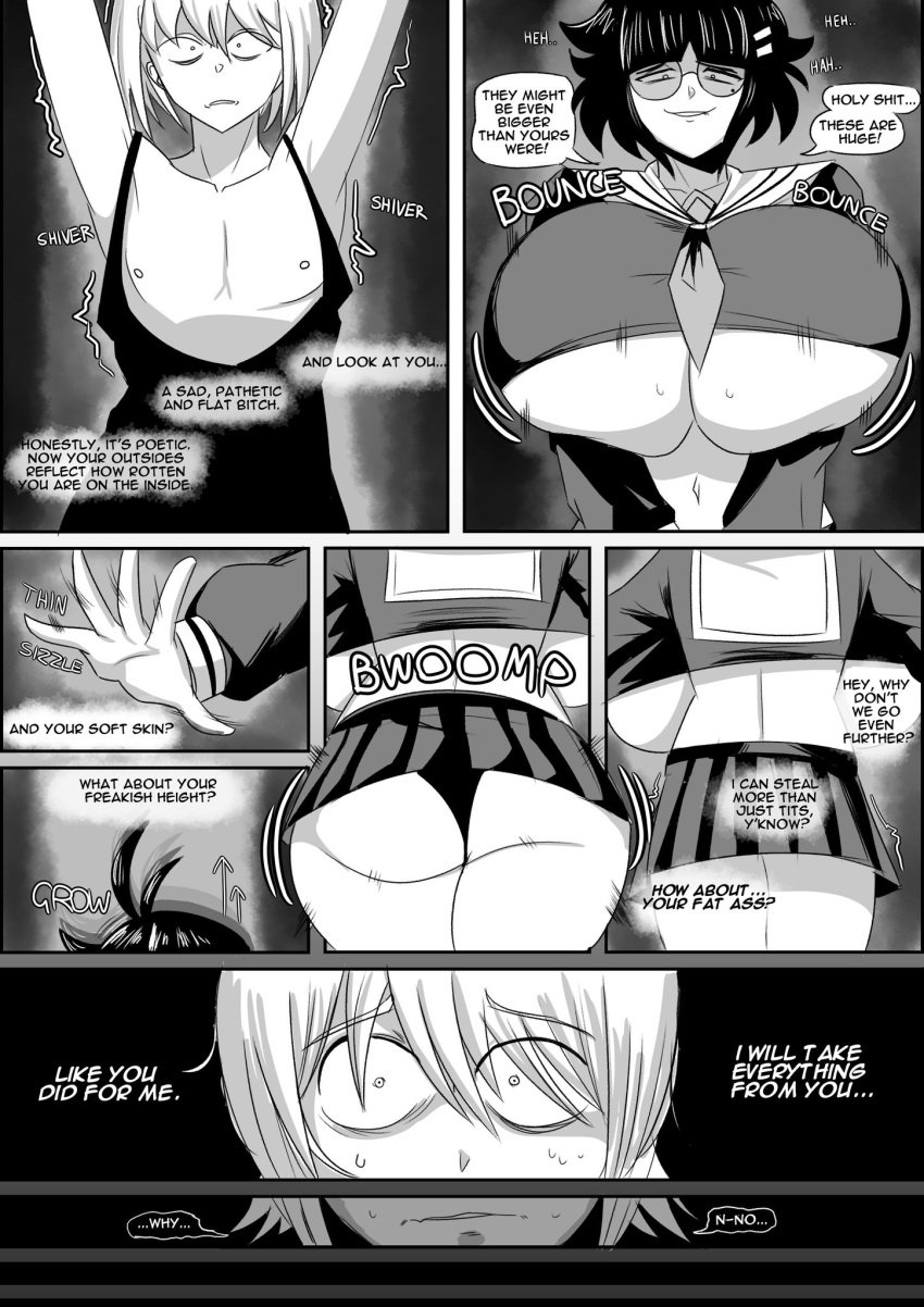 2girls against_wall ass_expansion asset_stealing attribute_swap attribute_theft breast_expansion bullying comic comic_page dialogue emmarrgus height_growth huge_ass huge_breasts keiko_(emmarrgus) onomatopoeia original original_character page_4 personality_change revenge school_uniform serafuku shrinking size_difference spirit