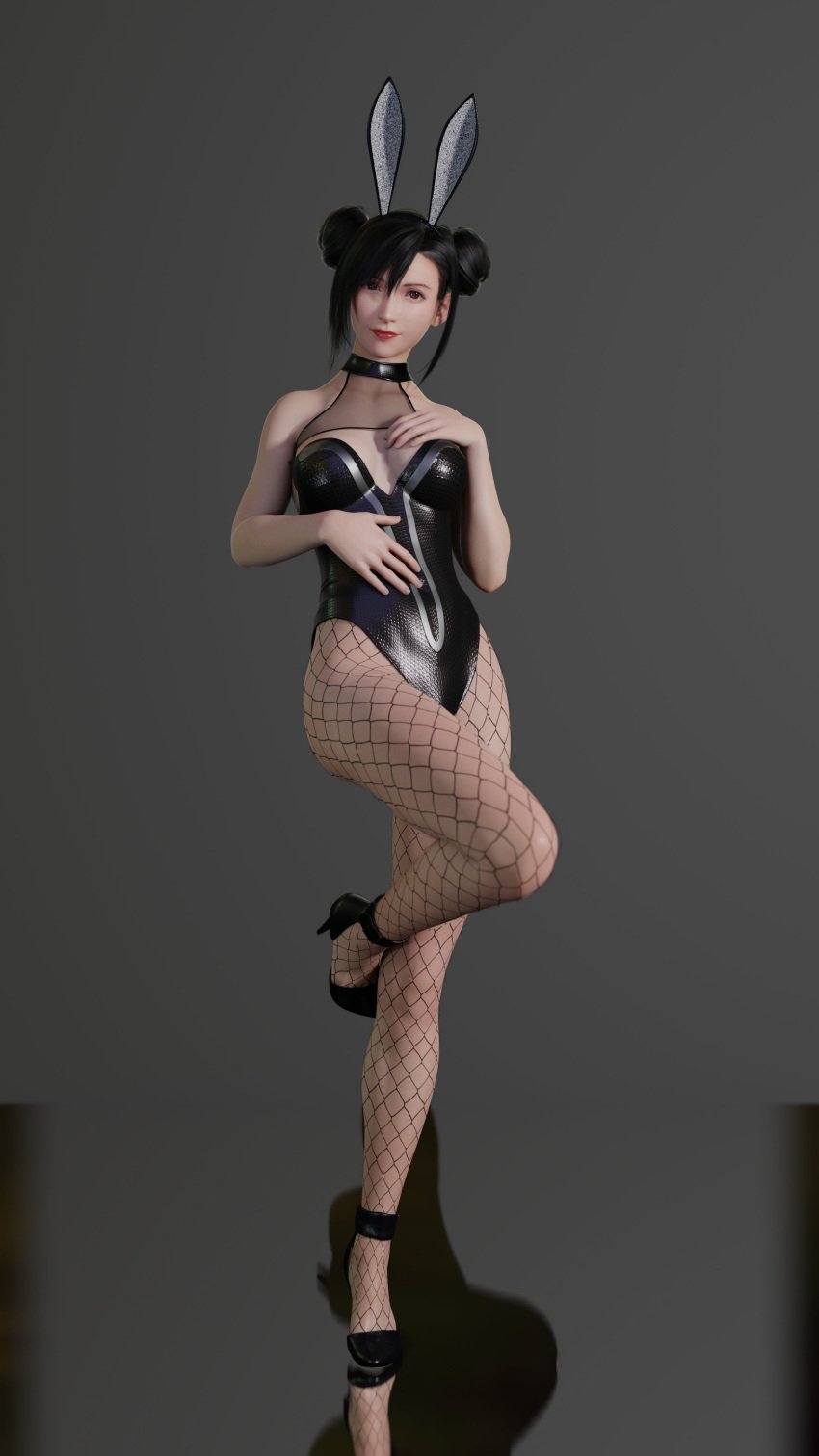 3d 3d_model black_hair black_shoes bunny_ears bunnysuit fake_animal_ears final_fantasy final_fantasy_vii final_fantasy_vii_remake fishnet_legwear fishnet_pantyhose fishnets fit_female hair_buns high_heels lipstick long_hair looking_at_viewer posing posing_for_the_viewer red_eyes red_lipstick reflection simple_background tifa_lockhart